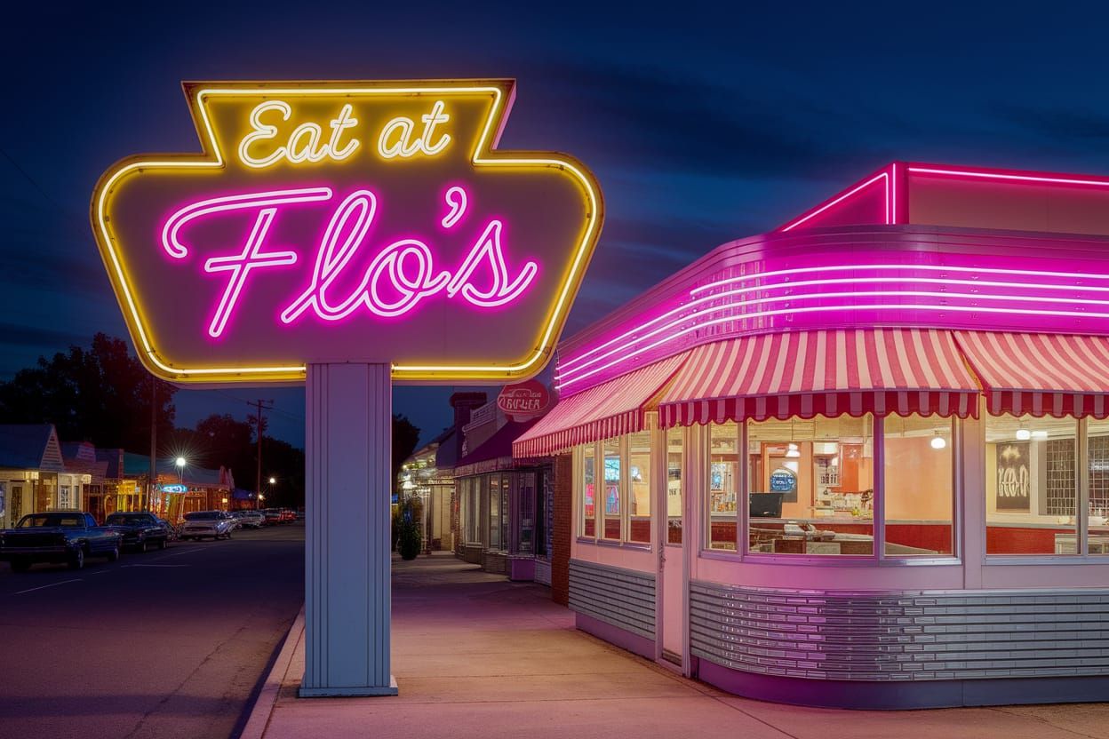 Vintage Diner Under Neon Sign at Night