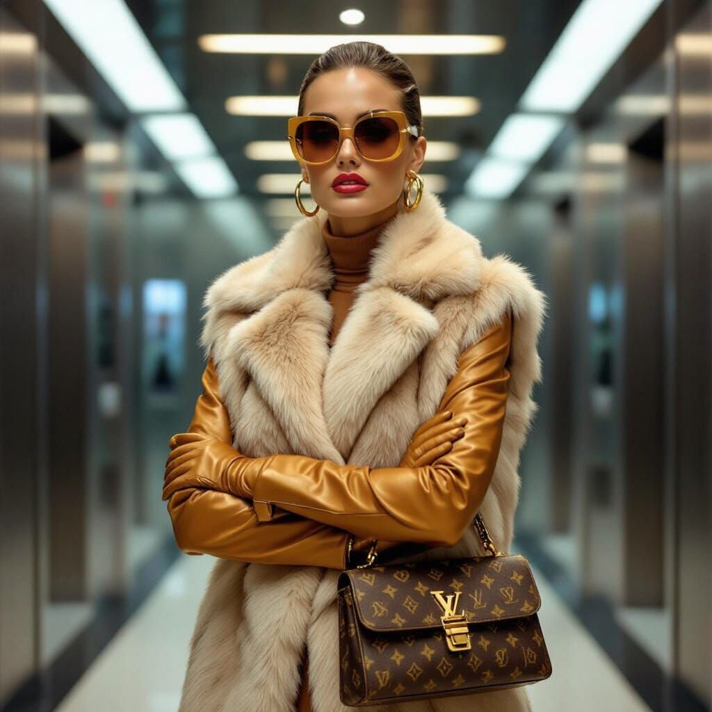 Glamorous Woman in Elevator Lobby, Direct Flash