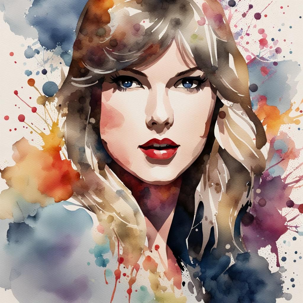 Watercolor Portrait of Taylor Swift with Ink Splatter