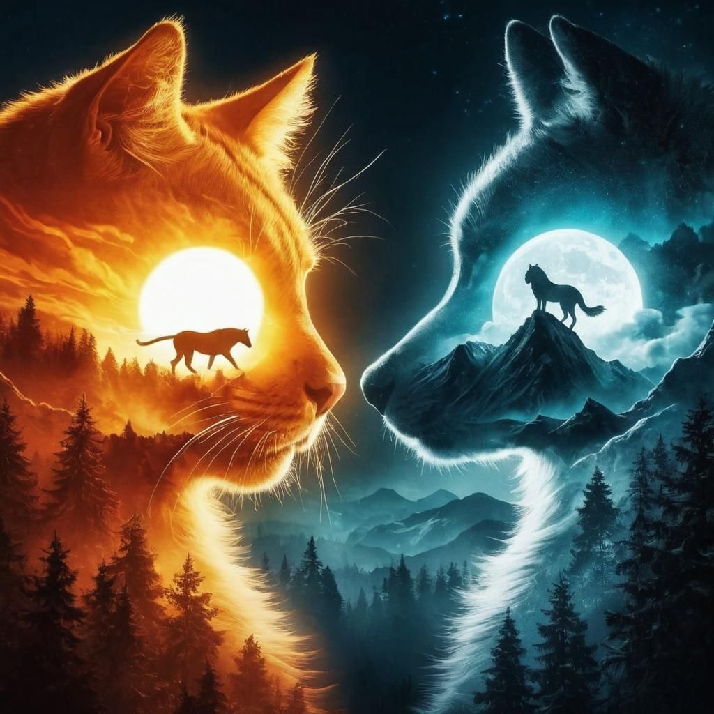 Double Silhouette: Cat, Dog, and Galloping Horsemen