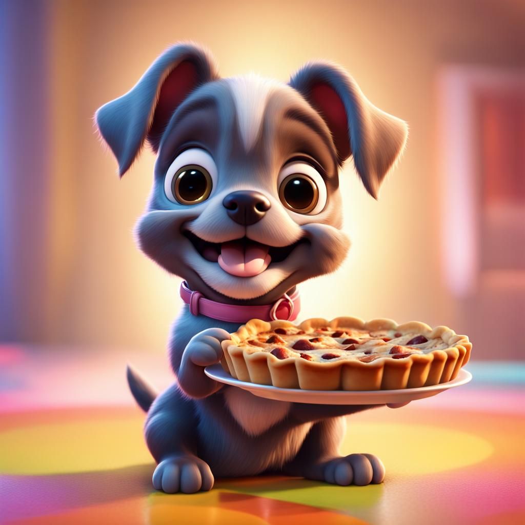 Smiling Puppy Holds Pie: 3D Digital Art