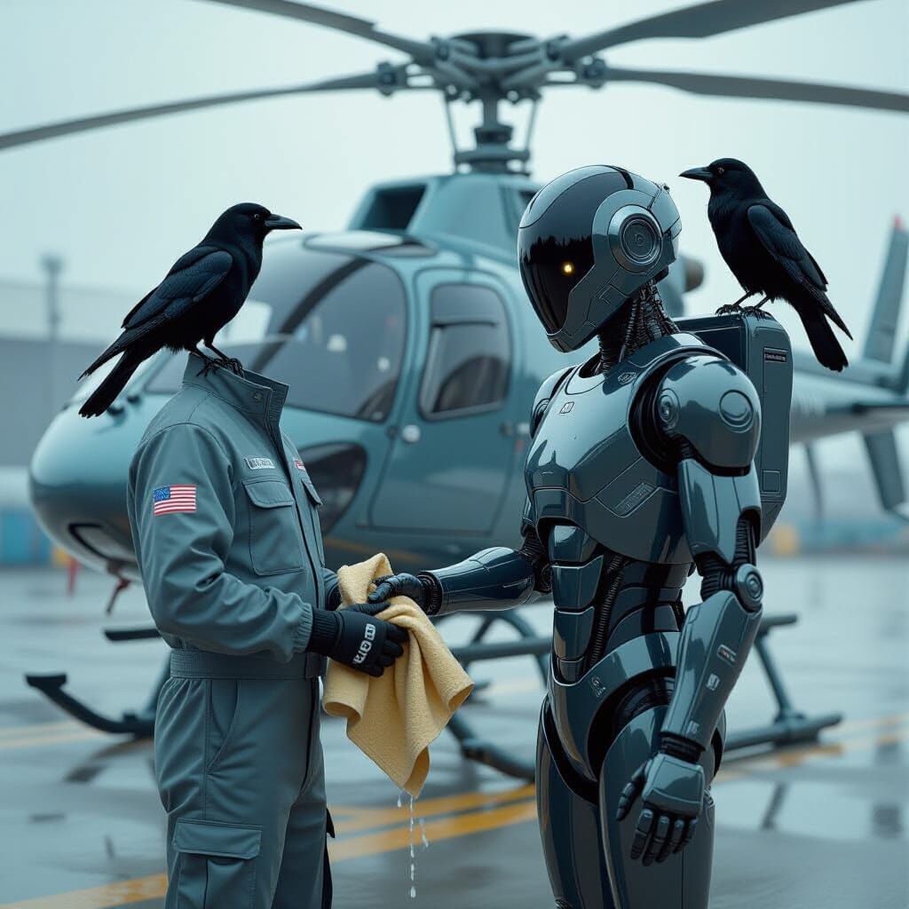 Robot Washes Helicopter With Crow Companion