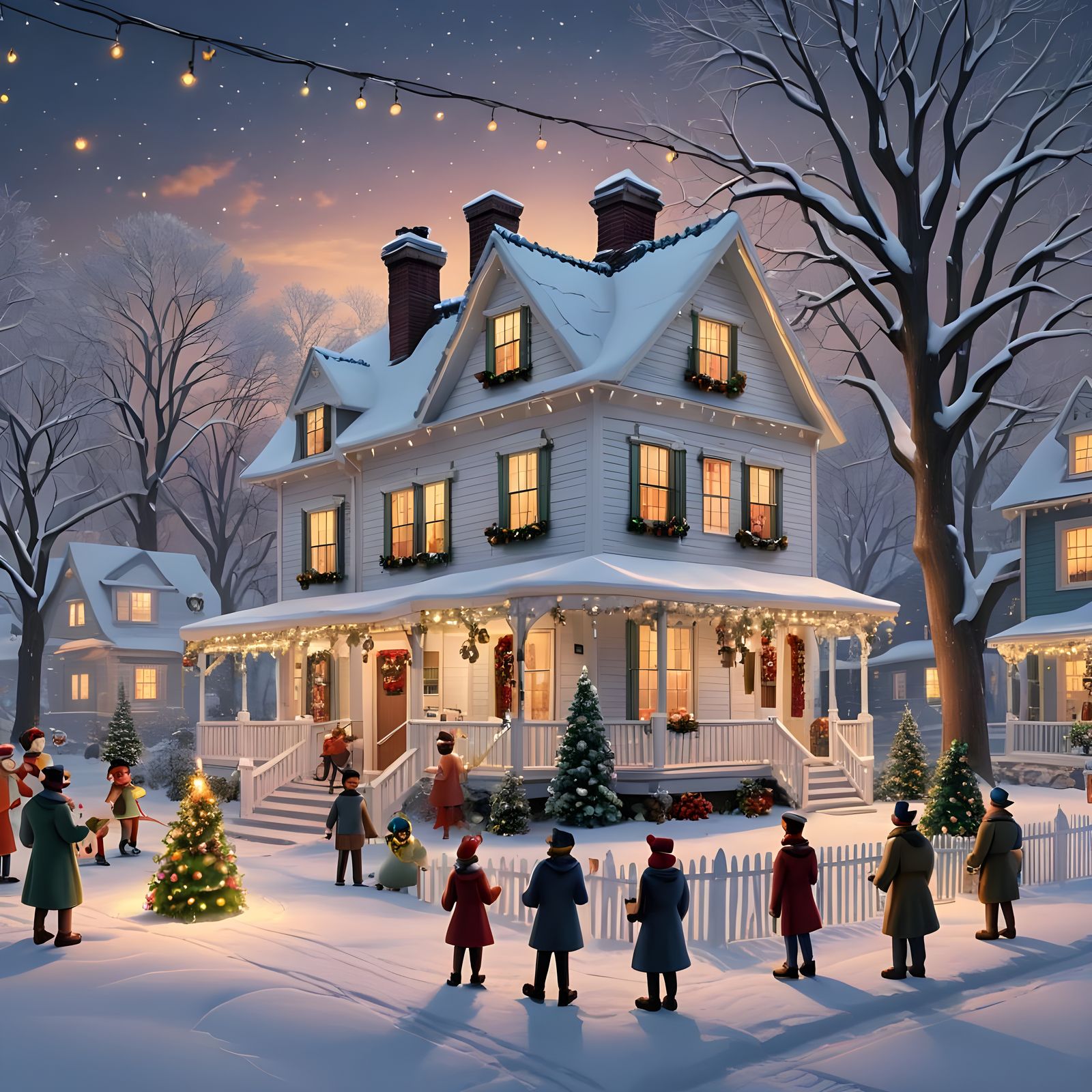 Winter Wonderland Farmhouse Christmas Scene in Vibrant 3D Di...