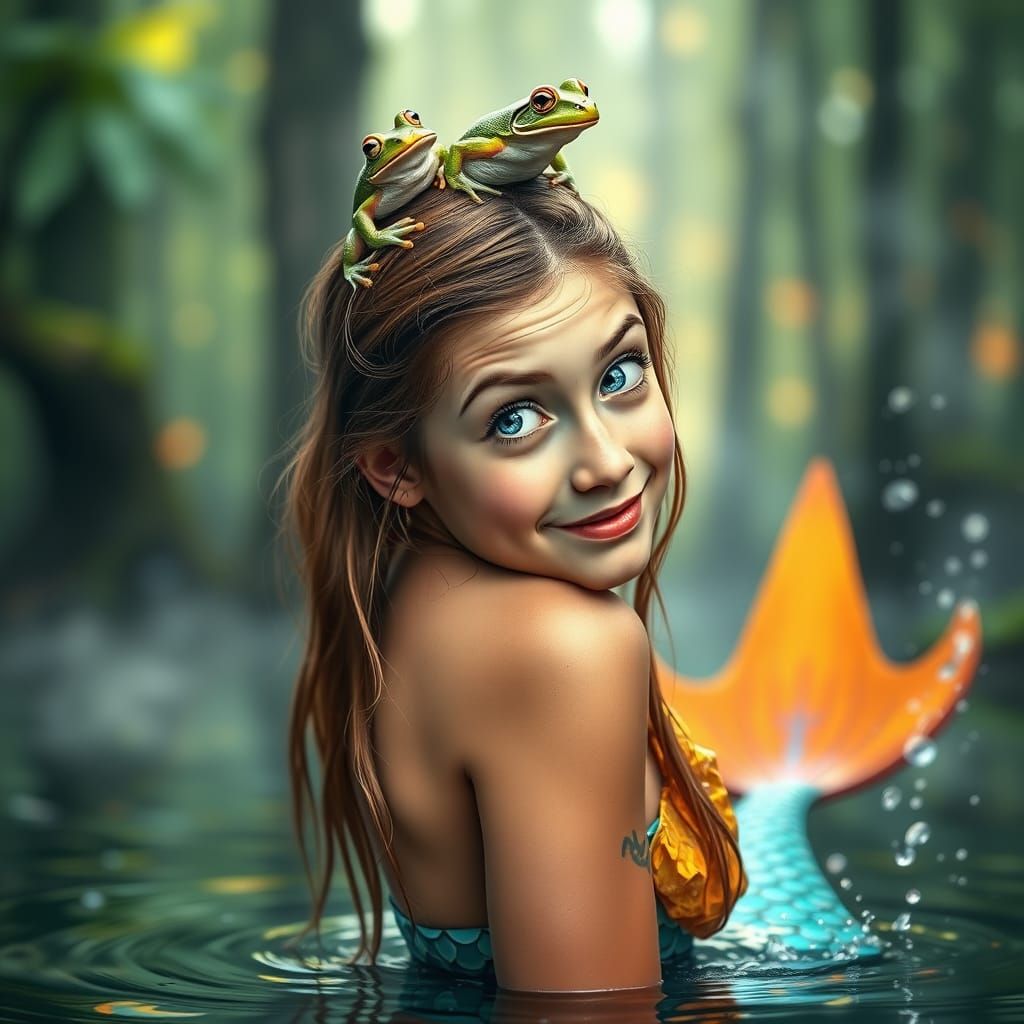 Whimsical Teenage Mermaid in Fauvist Style with Frog and Anc...