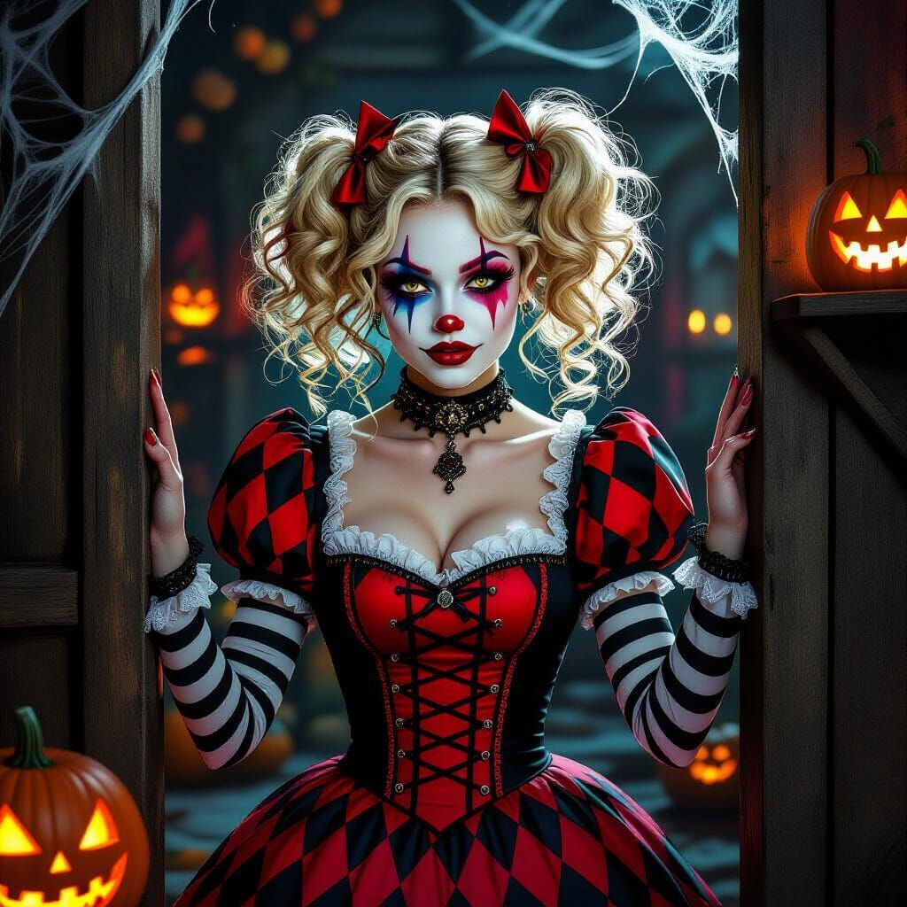 Gorgeous harlequin-inspired woman with voluminous blonde cur...