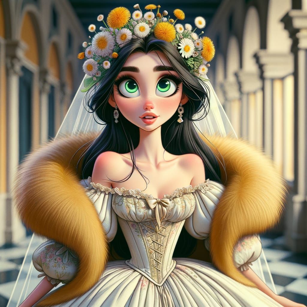 Classical Animation Inspired Bride in Whimsical White Weddin...
