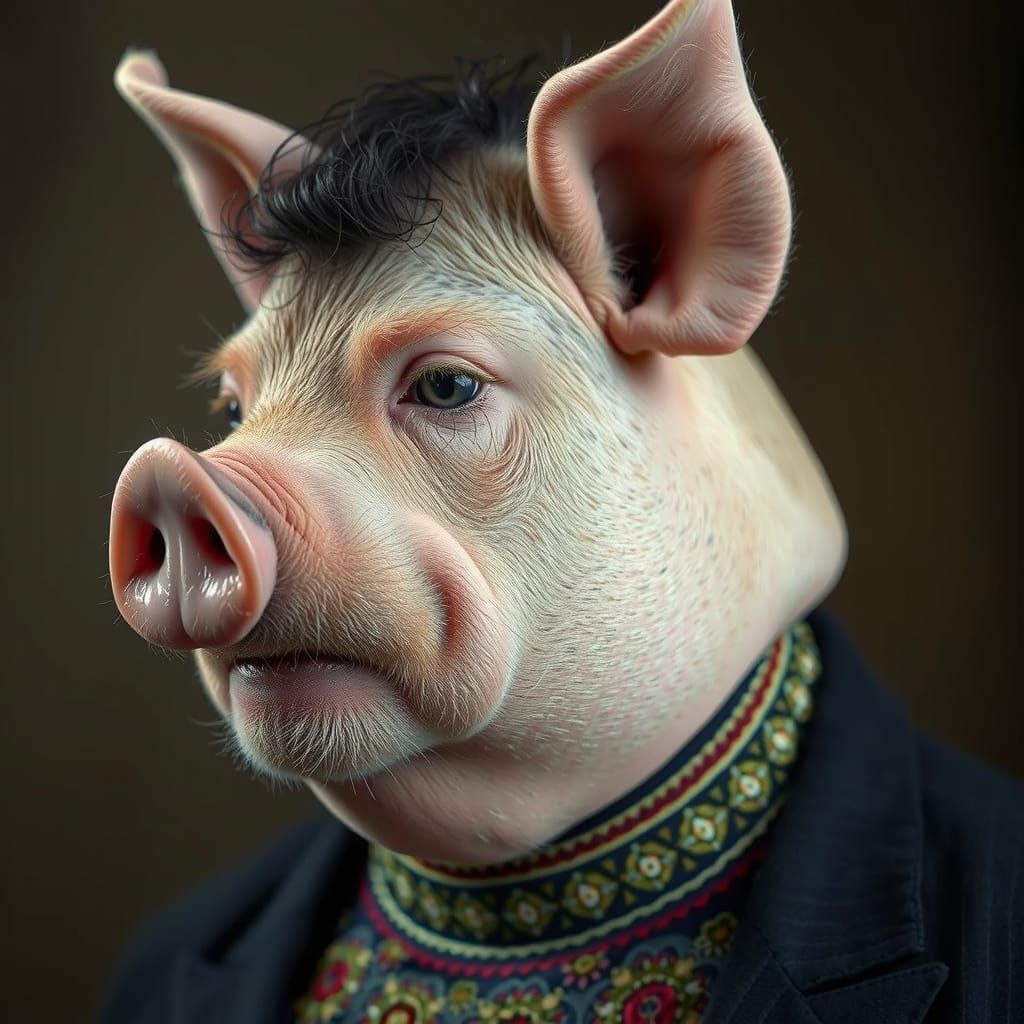 Hyperrealistic Pig-Man Portrait in Vibrant Colors