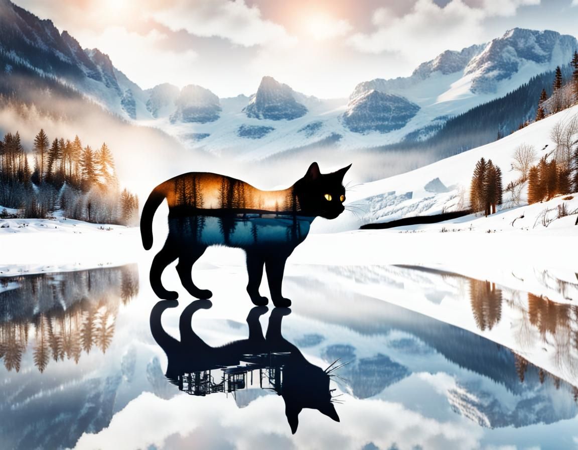 Cat on Ice: Double Exposure Winter Landscape
