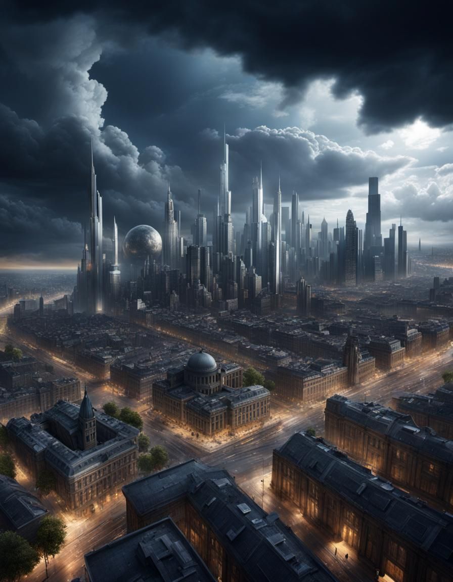 Hand Rebuilding City in 3D with Dramatic Lighting