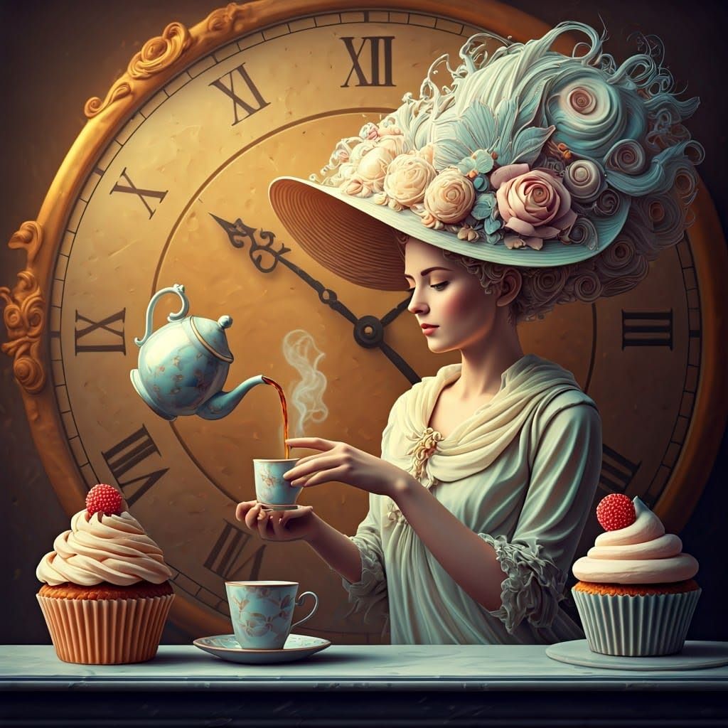 Surreal Woman Suspended in Time with Teapot, as Digital Art