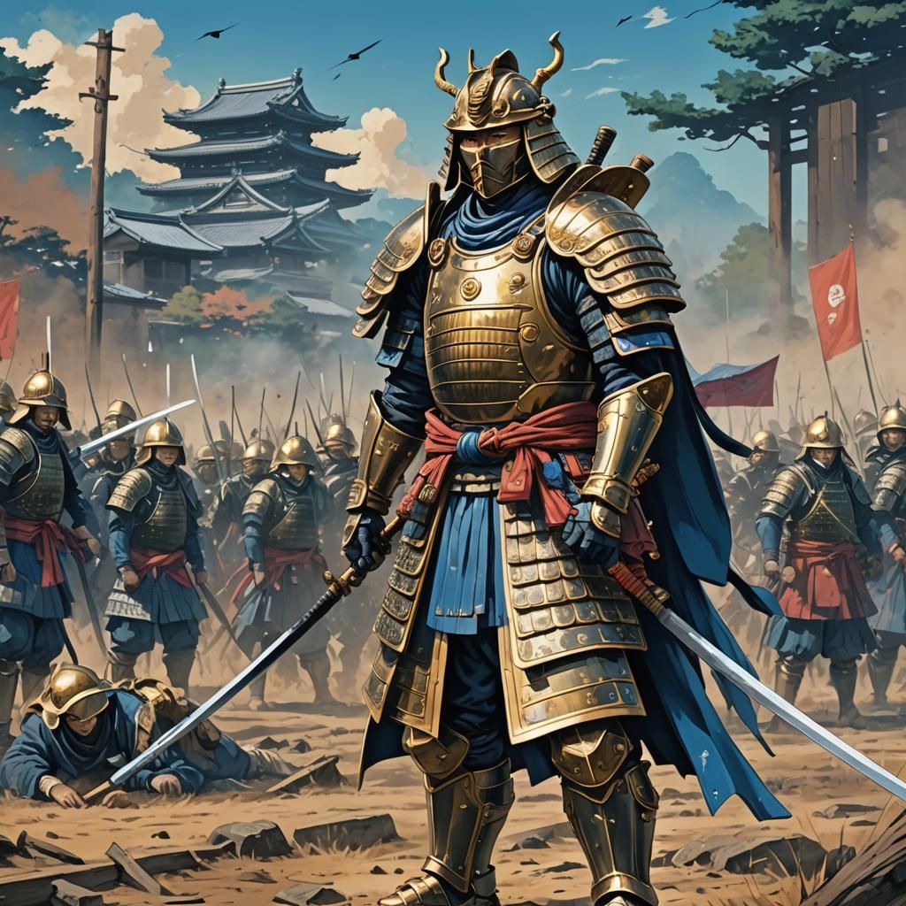 Samurai Warrior on Battlefield in Anime Style