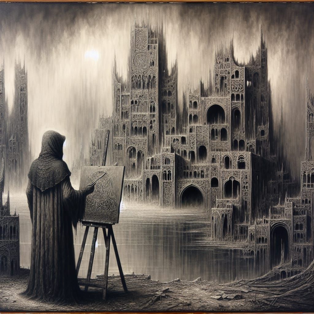 Dystopian Medieval City Sinking: An Oil Painting