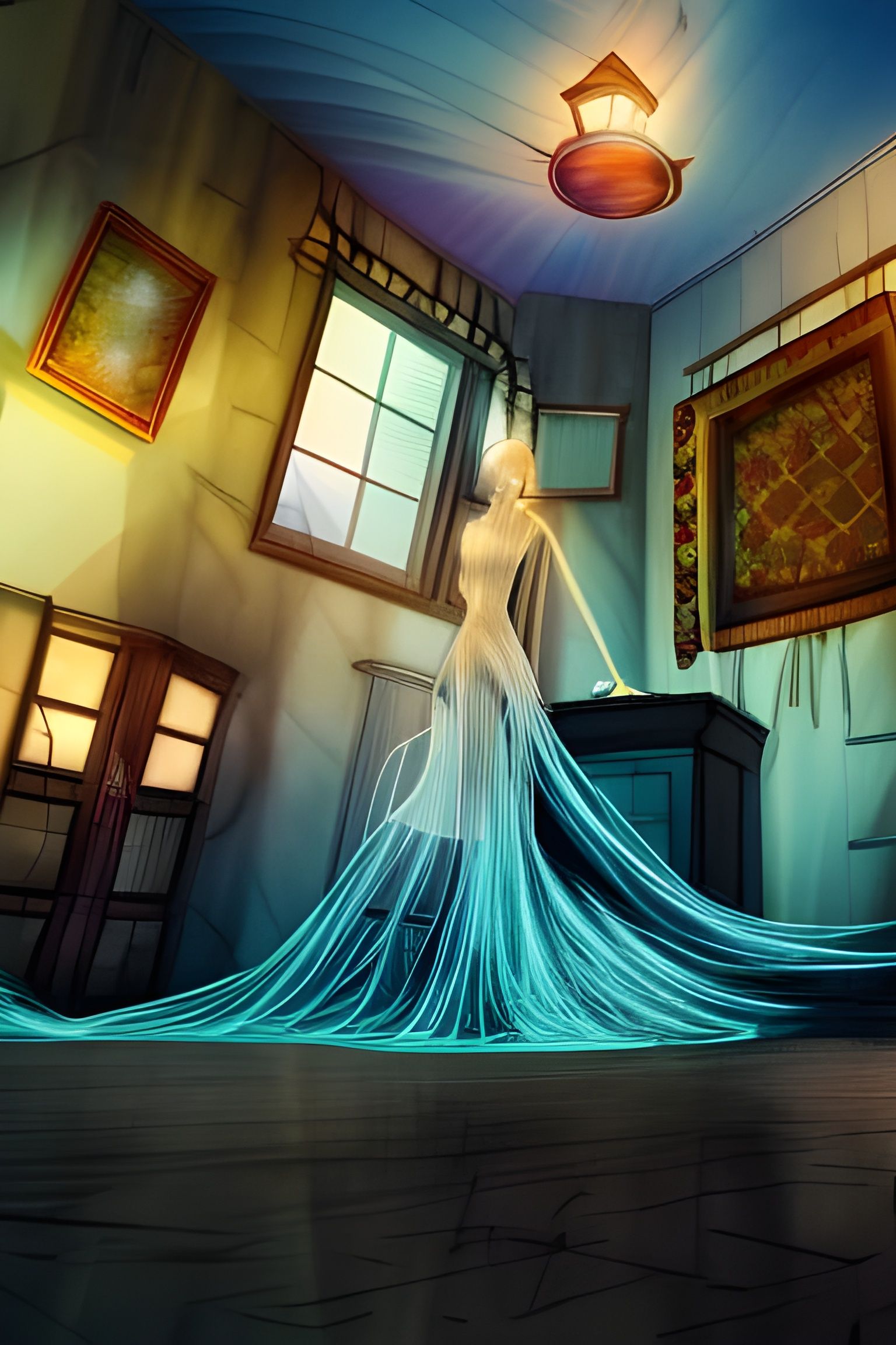 Gossamer Ghost in Abandoned House: Ink and Watercolor