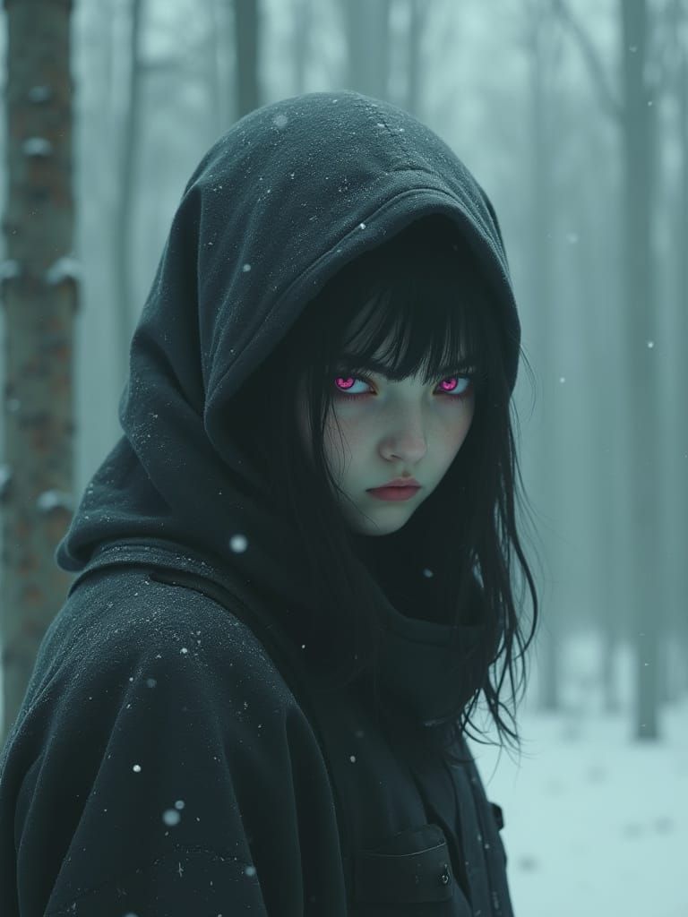 Gothic Anime Sniper in Snowy Landscape