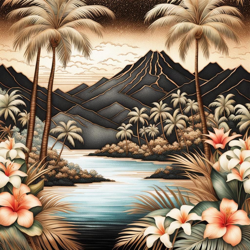 Vintage Hawaiian Landscape in 3D Pastel Watercolor