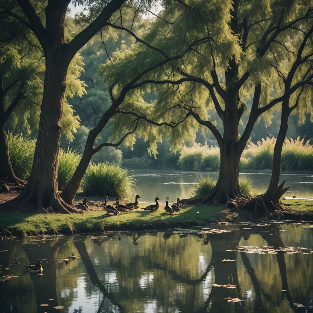 Ducks in Pond: Cinematic Film Still