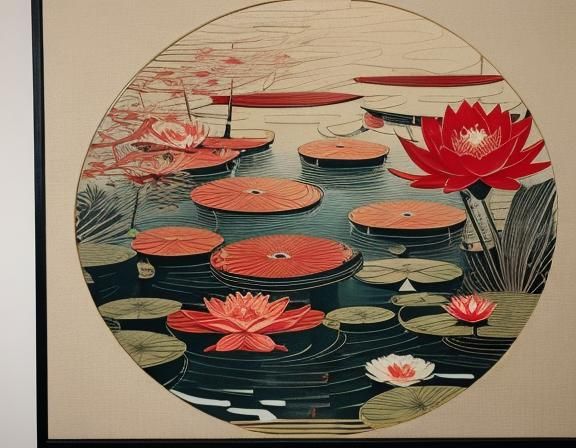 Koi Fish in Lily Pond: Ukiyo-e Style Print