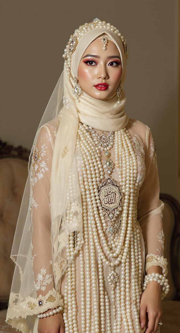 Elegant Hijab Dress with Pearl Adornments and Arabic Jewelry