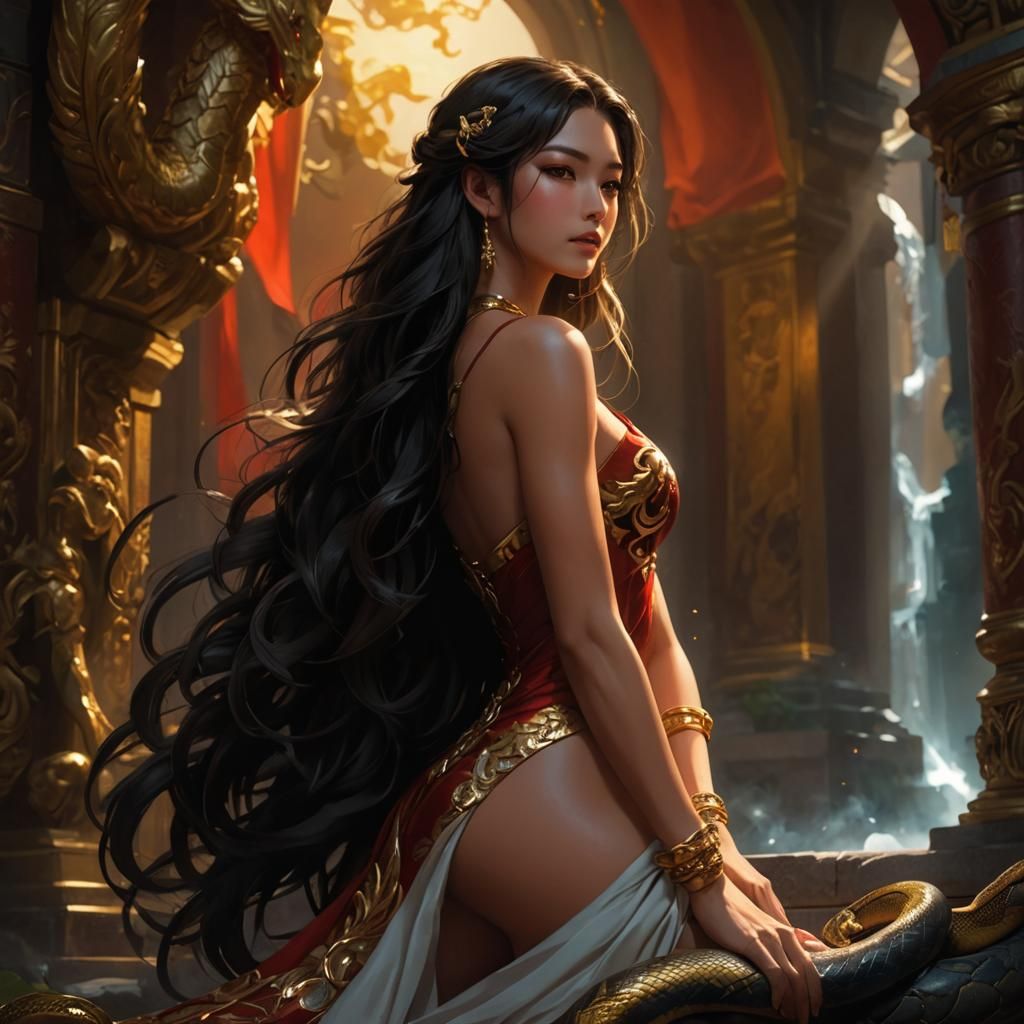 Anime-Inspired Illustration of a Strong Woman with Snake Leg...