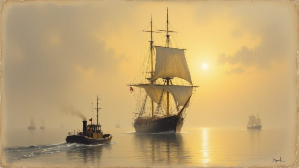 Romantic Seascape of a Warship's Sunset Voyage