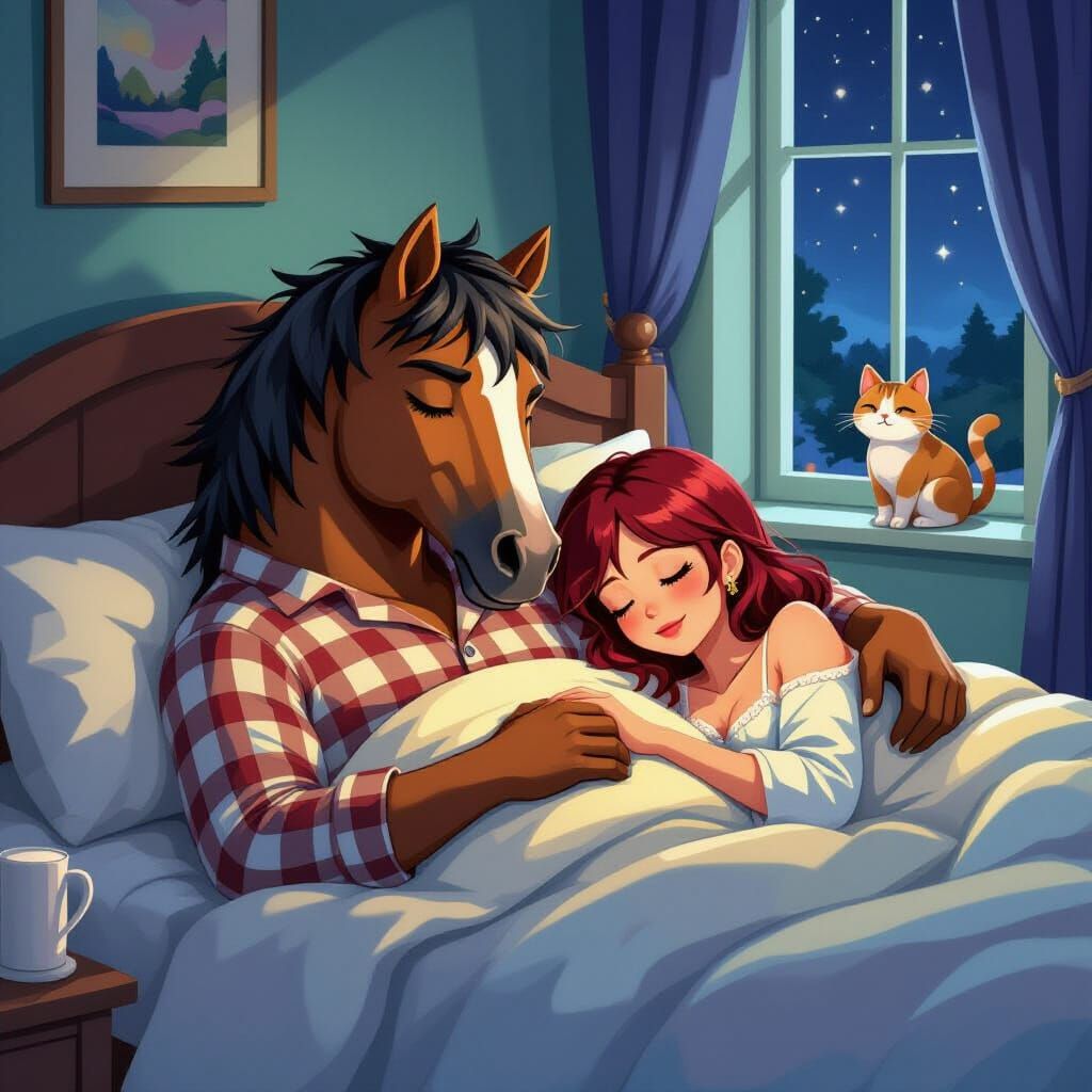 Horse-Headed Man Sleeping Next to Woman in Manga Style