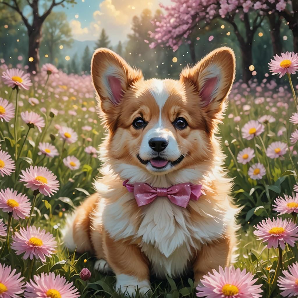 Corgi Puppy with Pink Bow in Dandelion Field