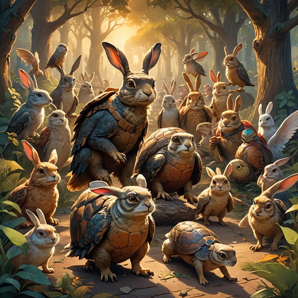 Tortoise and Hare Race Begins, Fantasy Illustration