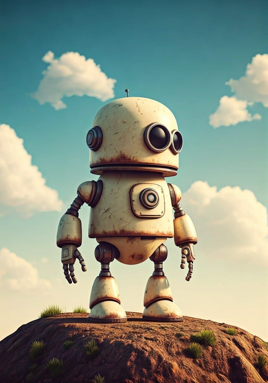 Retro-Futuristic Robot Stands on Rocky Outcropping