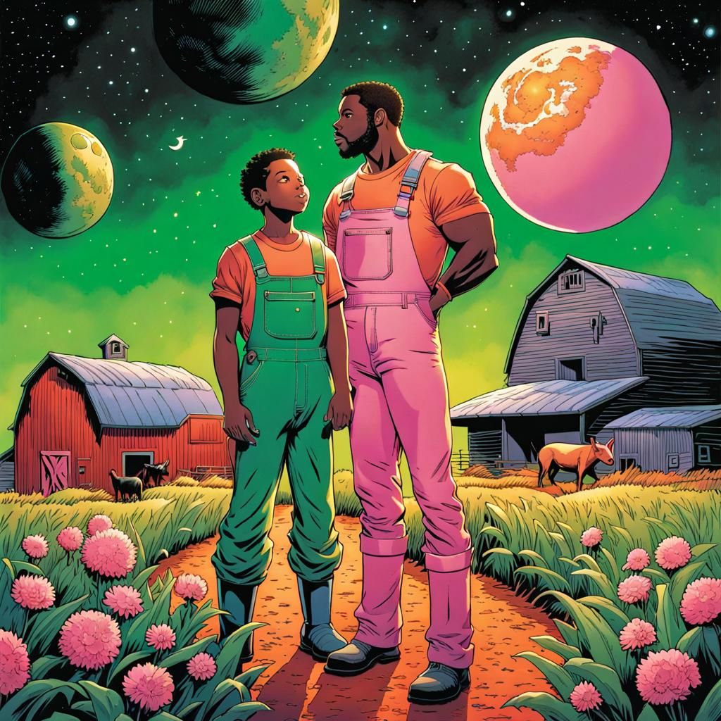 Otherworldly Farm Scene with Neptune, Comic Book Art