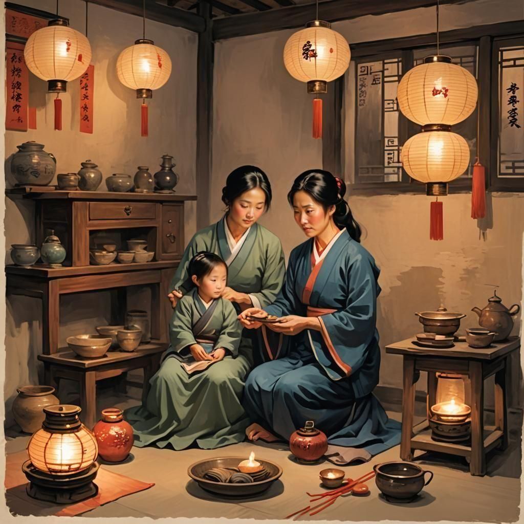 Ancient Chinese Mother Sewing Clothes