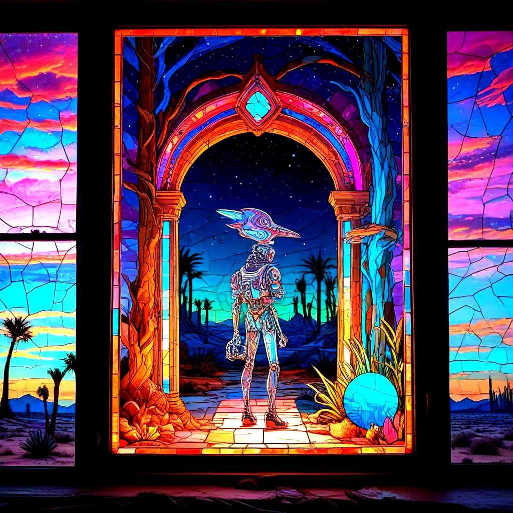 Cyberpunk Street Art On Desert Stained Glass With Biolumines...