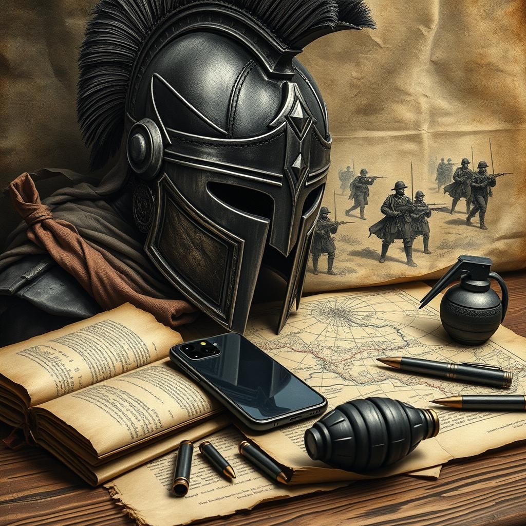 Warrior's Helmet and Smartphone: Charcoal Drawing