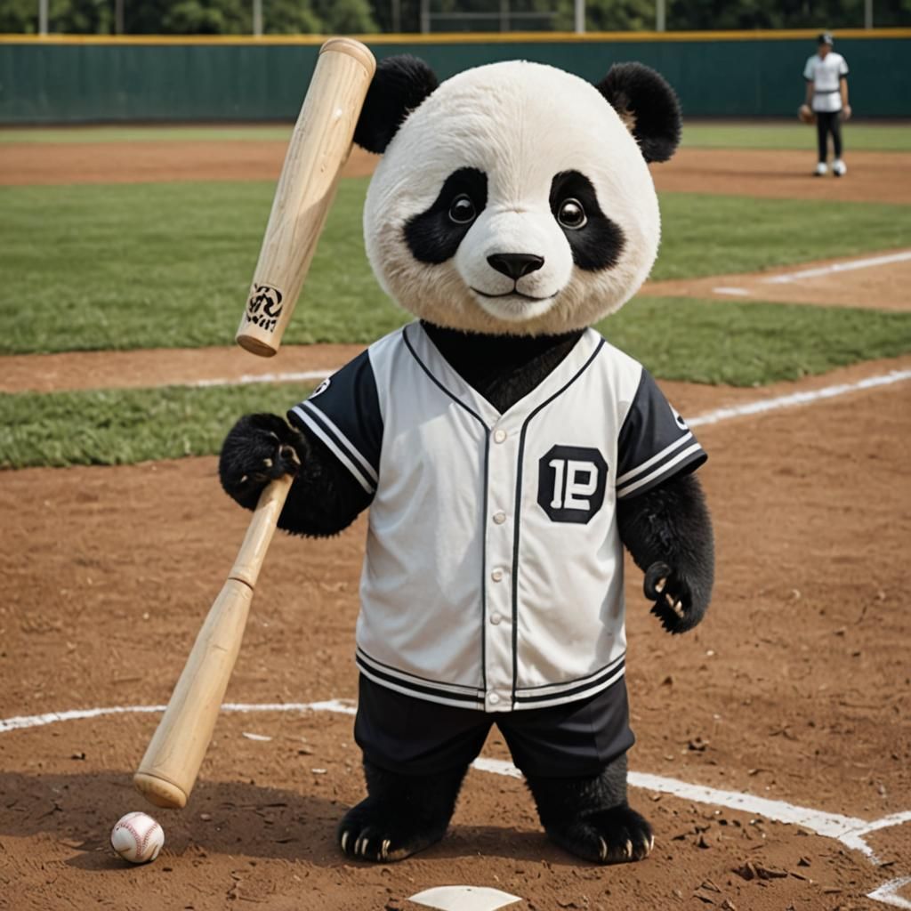 Panda Bear Plays Baseball on Field