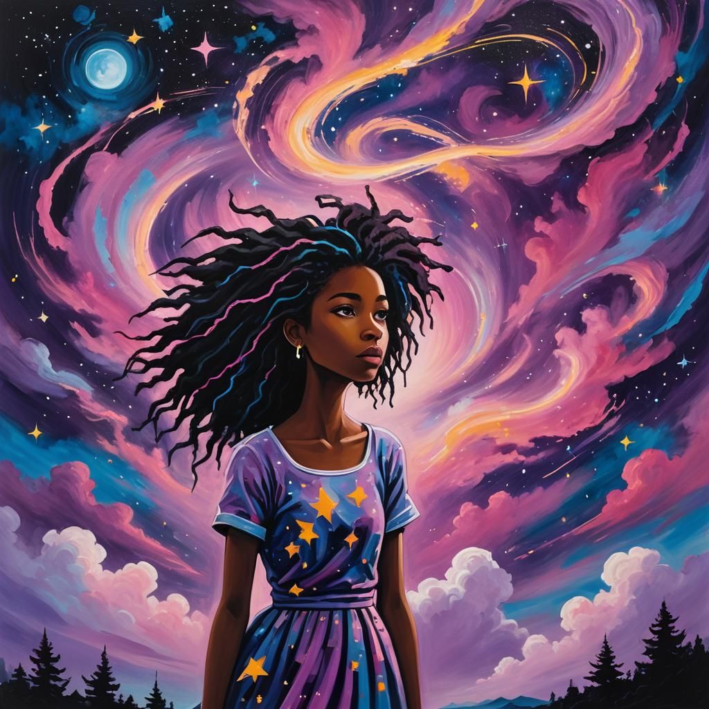 Magical Girl in Starry Night Acrylic Painting