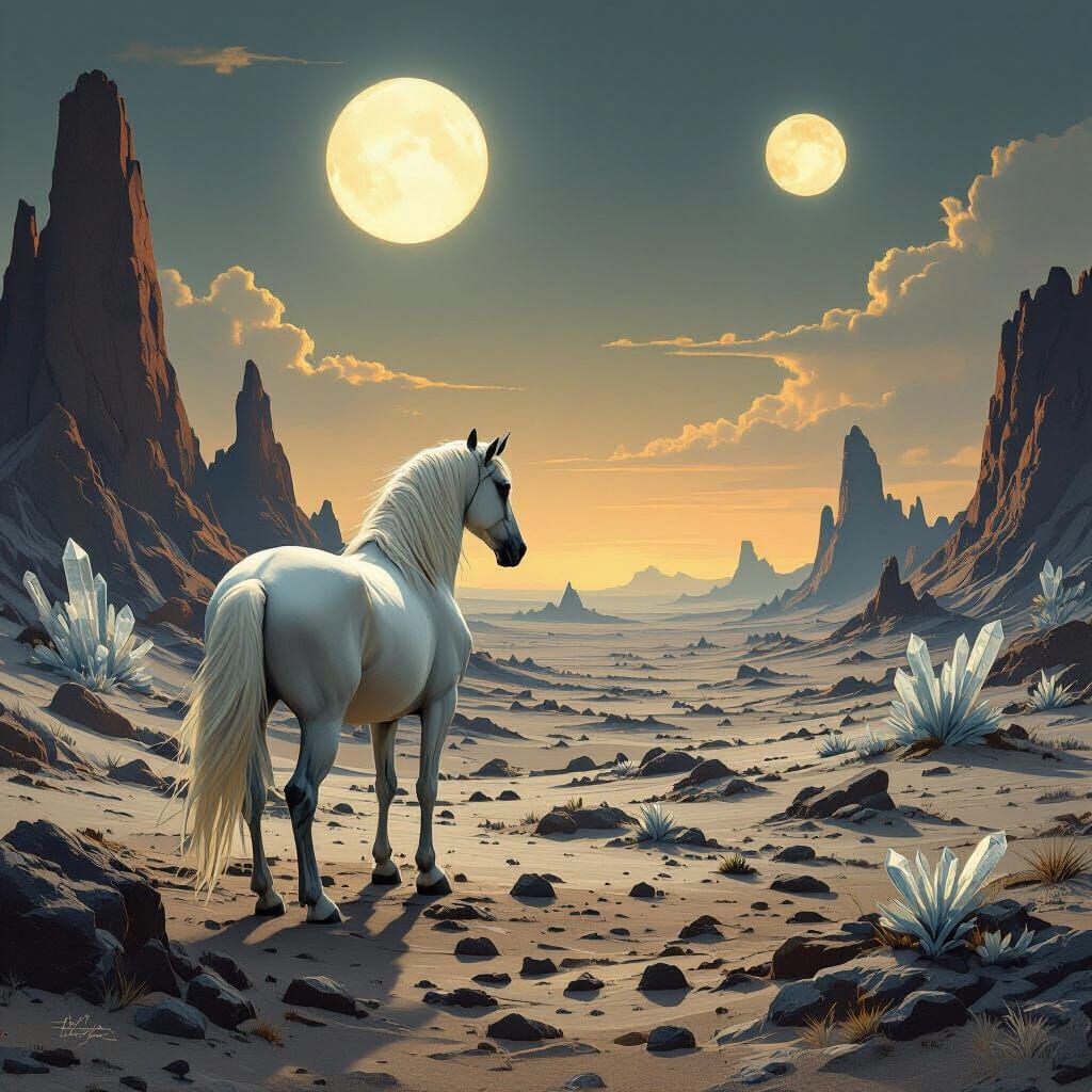 White Stallion on Alien Planet with Twin Suns