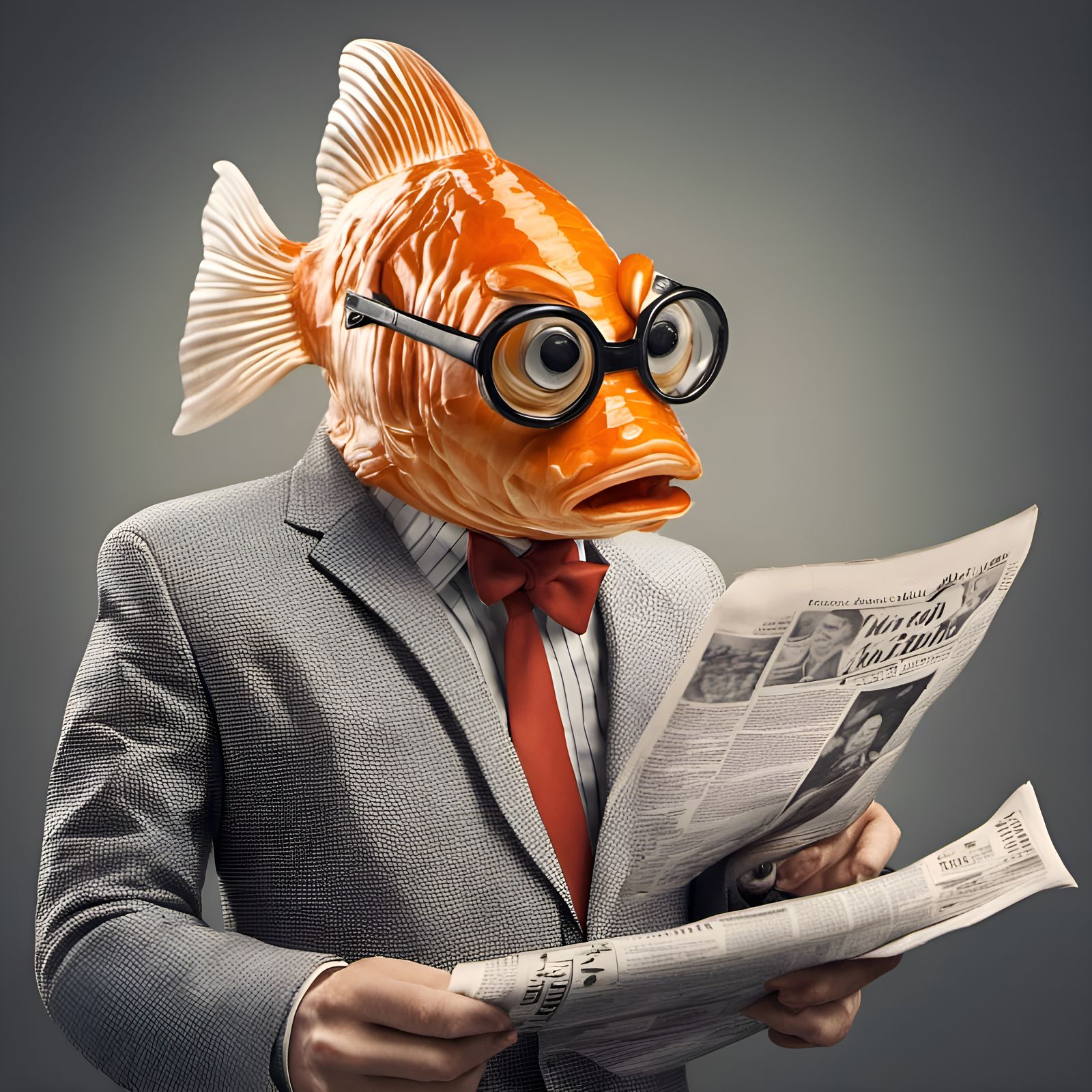 Humanlike Goldfish Reads Newspaper in 1950s Style