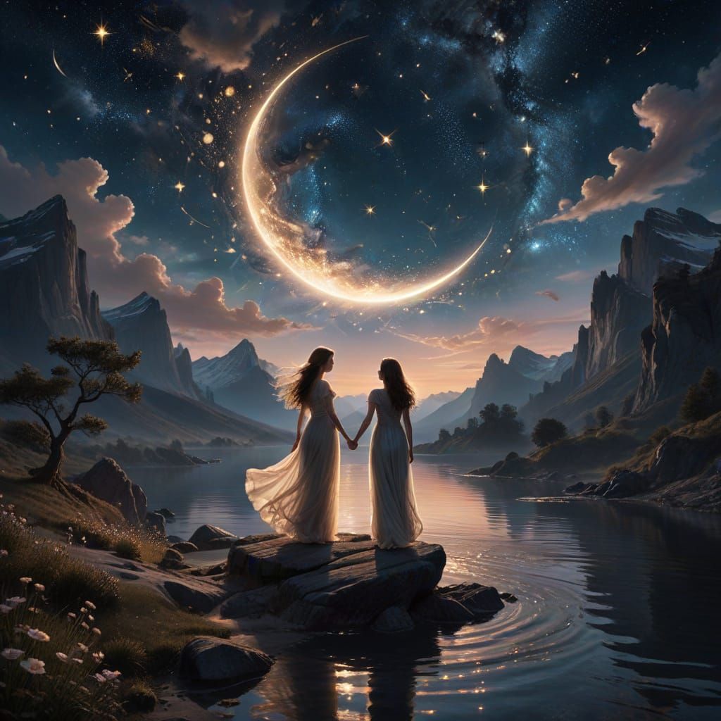 Ethereal Woman and Child Under Crescent Moon