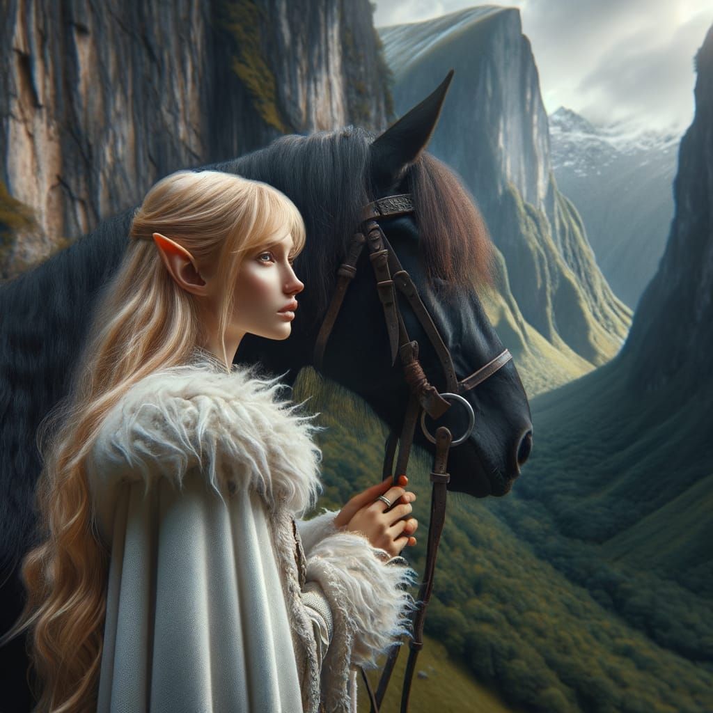 Elven Princess with Ebon Horse on Cliff Overlooking Valley