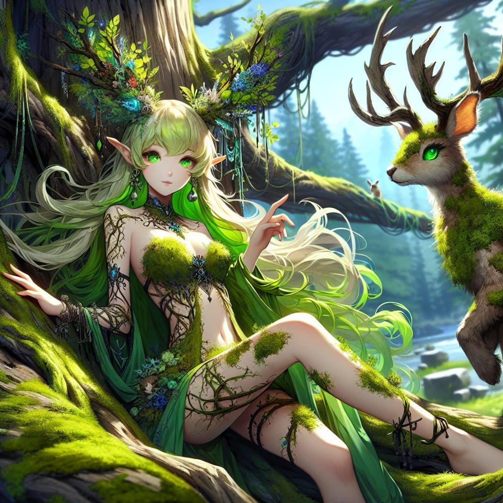 Anime Druid Girl with Jackalope in Fantasy Scene