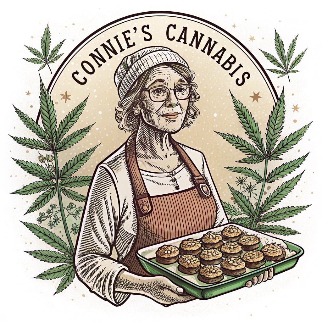 Granny-Craft Cannabis Logo in Whimsical Woodcut Style