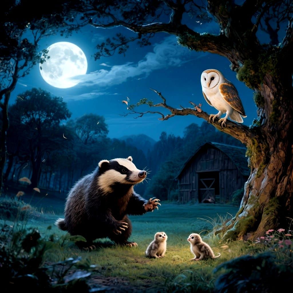 Badger and Owl in Moonlit Forest