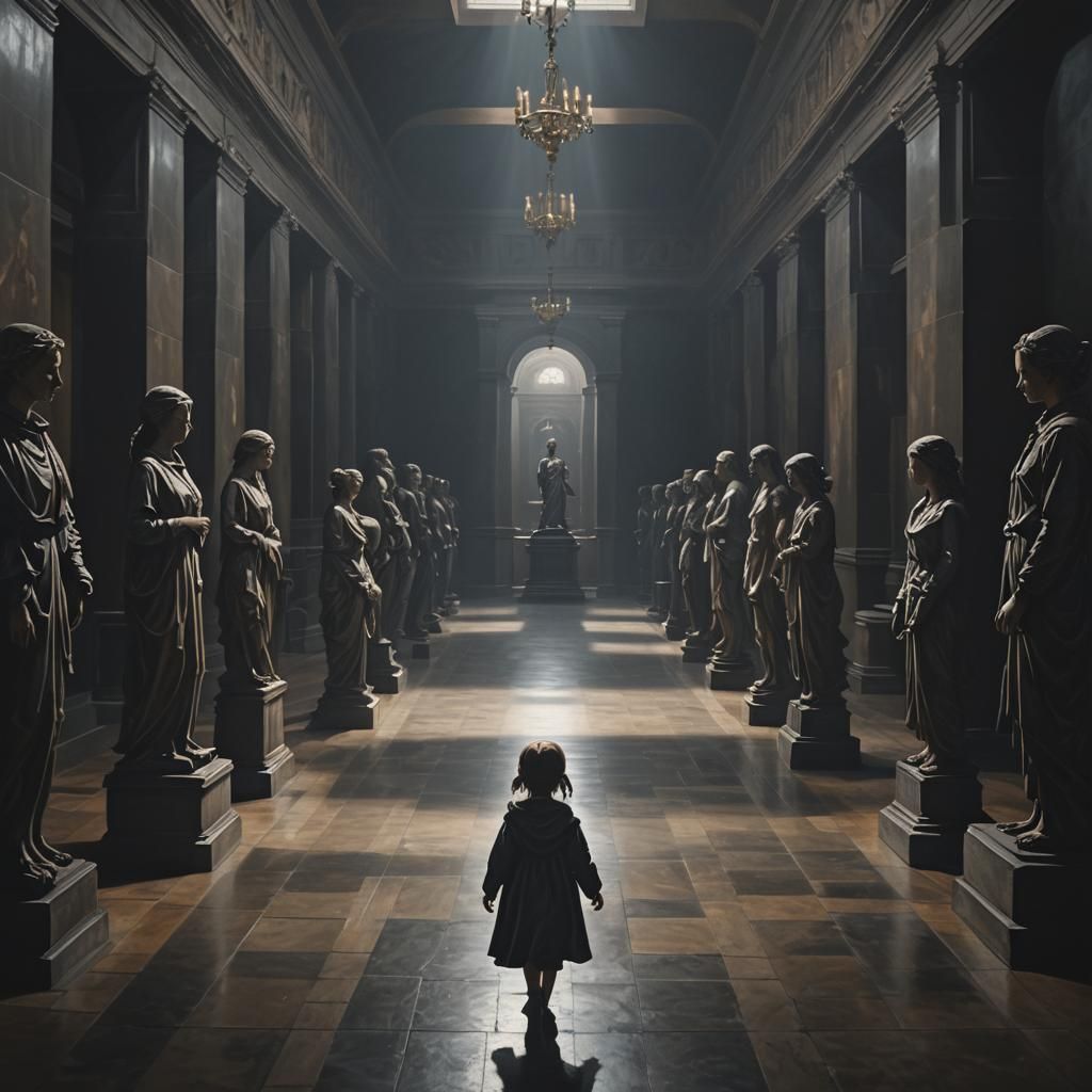 Girl Walks Down Shadowy Hallway with Statues