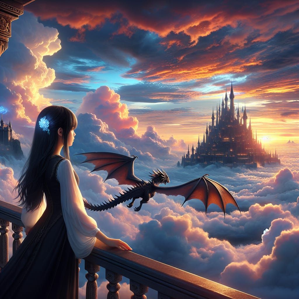 Majestic Princess and Dragon Soar Amidst Sunset Castle