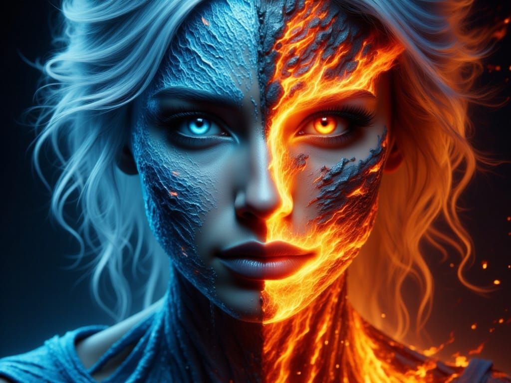 Dual Portrait: Ice and Fire Emotional Conflict