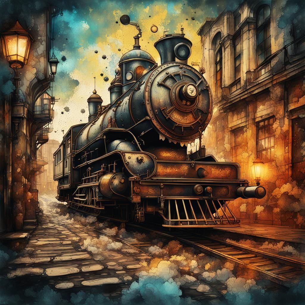 Steampunk Street Art in Ink Painting Style