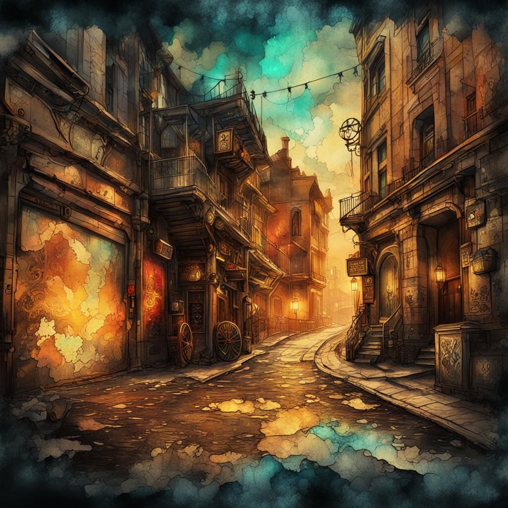 Steampunk Street Art in Ink Painting Style