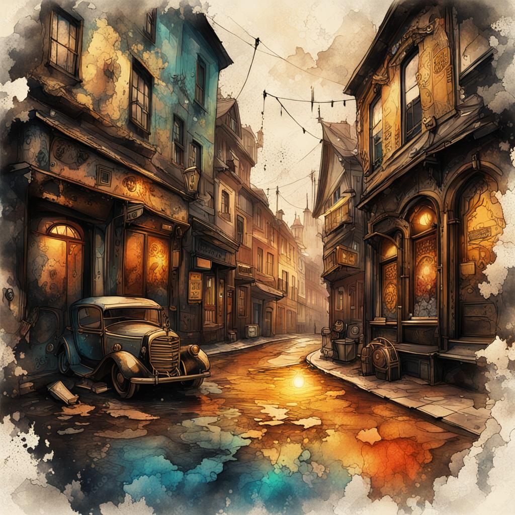 Steampunk Street Art in Modern Ink Painting Style