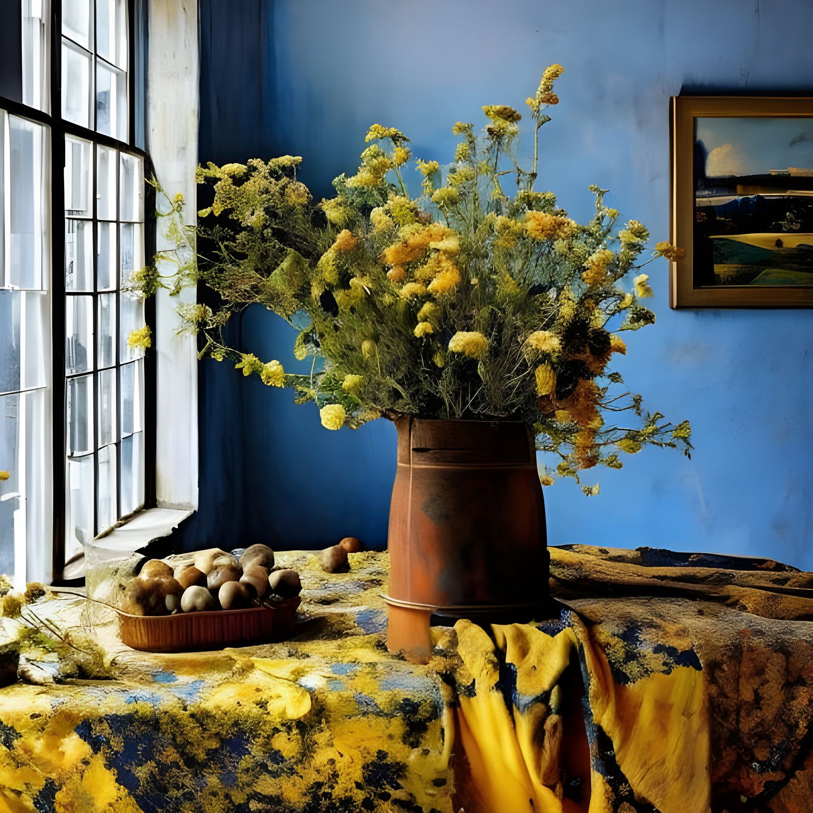 Hyperrealistic Flowers on Butcher Table, Pollock and Vermeer...