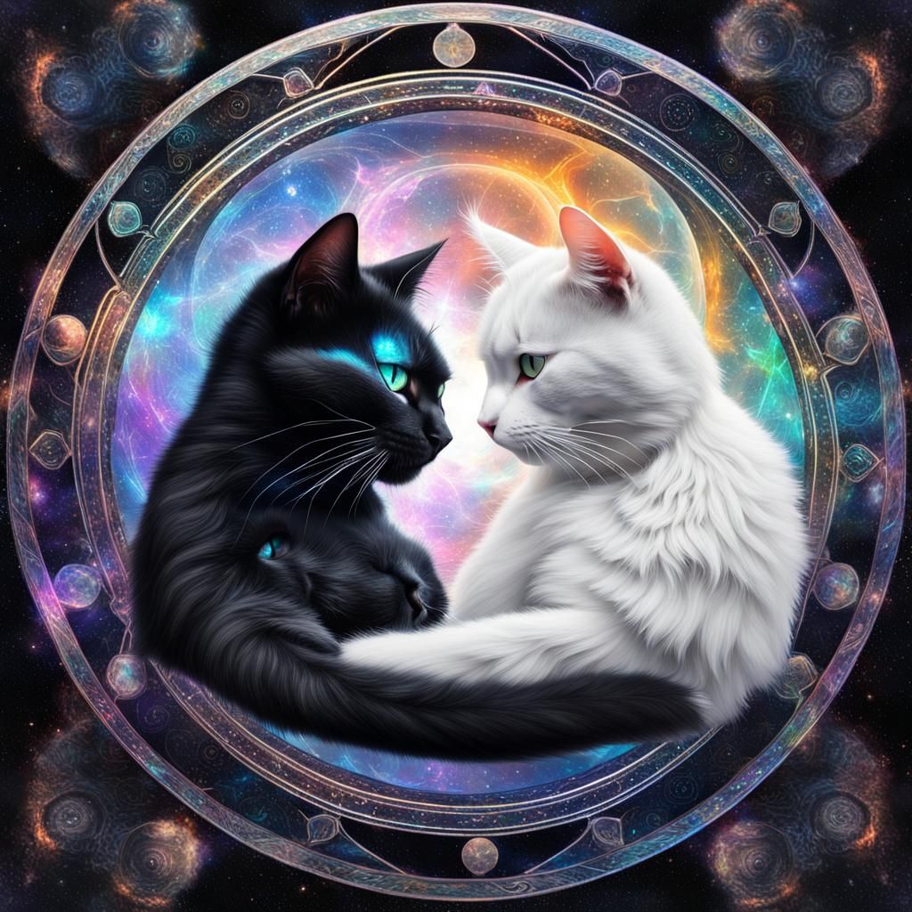 Yin Yang Cats: Holographic Astral Illustration