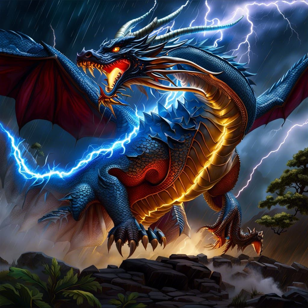 Majestic Lightning Dragon Soaring in Electric Storm